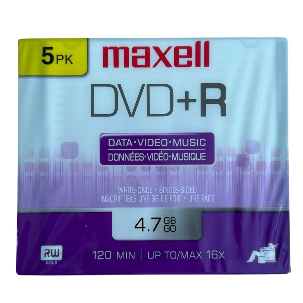 Maxell DVD+R 4.7GB 120 Min 16x Recordable Blank‎ Media 5 Pack New Sealed